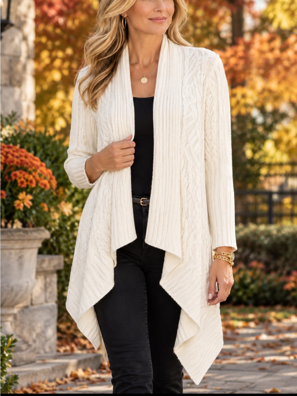 Chicos Ivory Rib+Cable Knit Open Asymmetric Drape Shawl Collar Duster Sweater~2